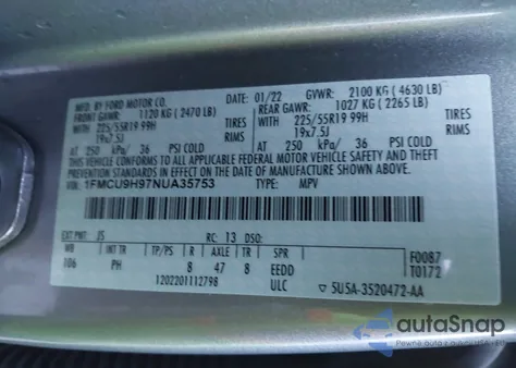 2022 Ford Escape Sel z USA, uszkodzony, nr VIN 1FMCU9H97NUA35753